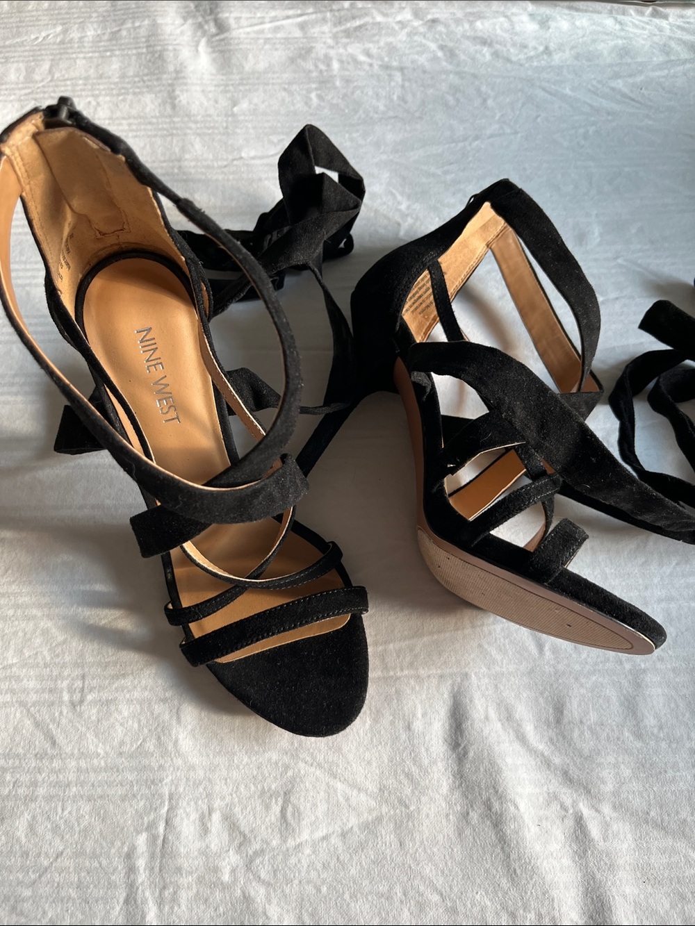 Nine West Black Suede Lace-Up Stiletto Sandals with Back Zip – 4" Heel, size 6.5